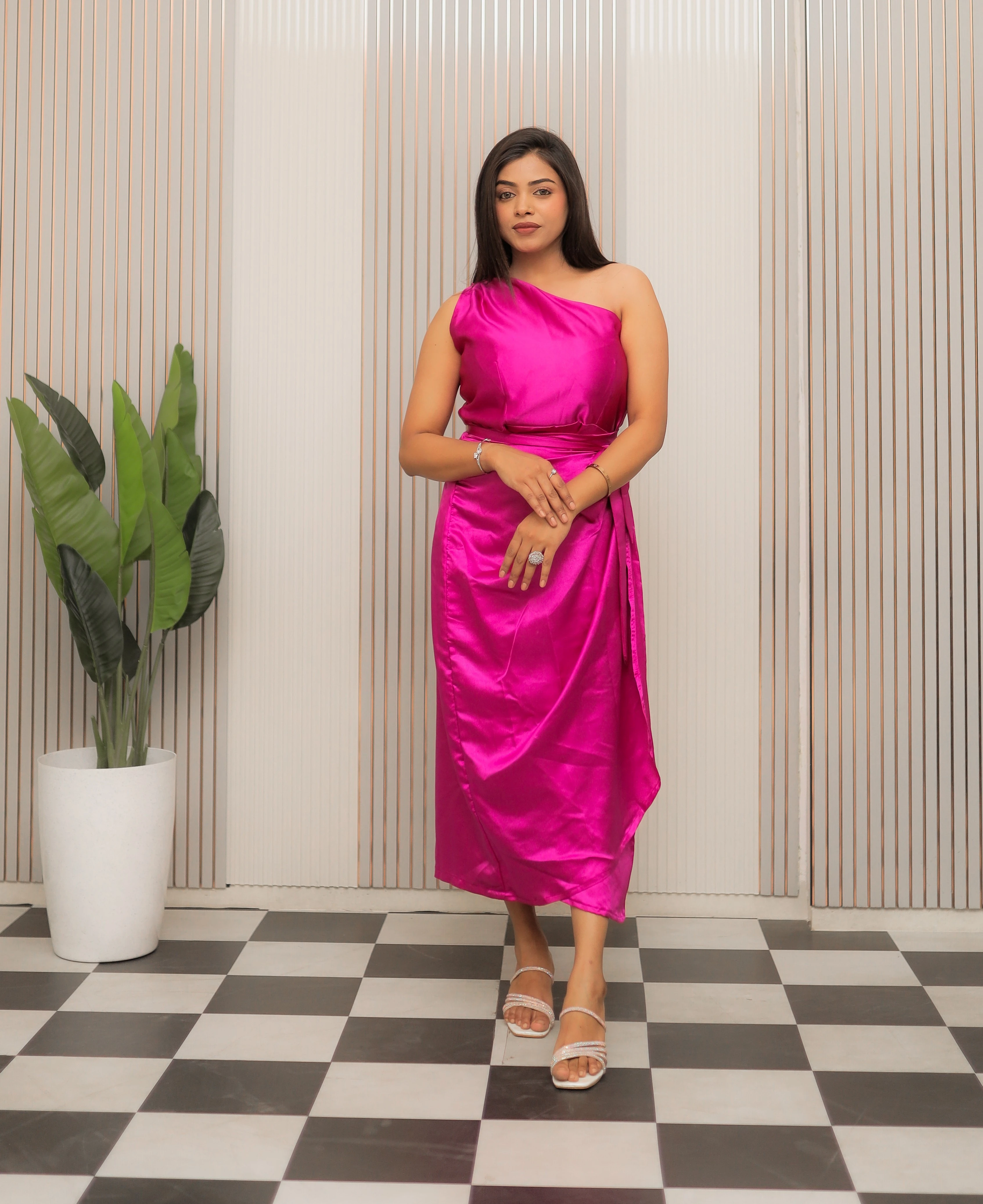 One-Shoulder Satin Ruched Midi Dress Tivae
