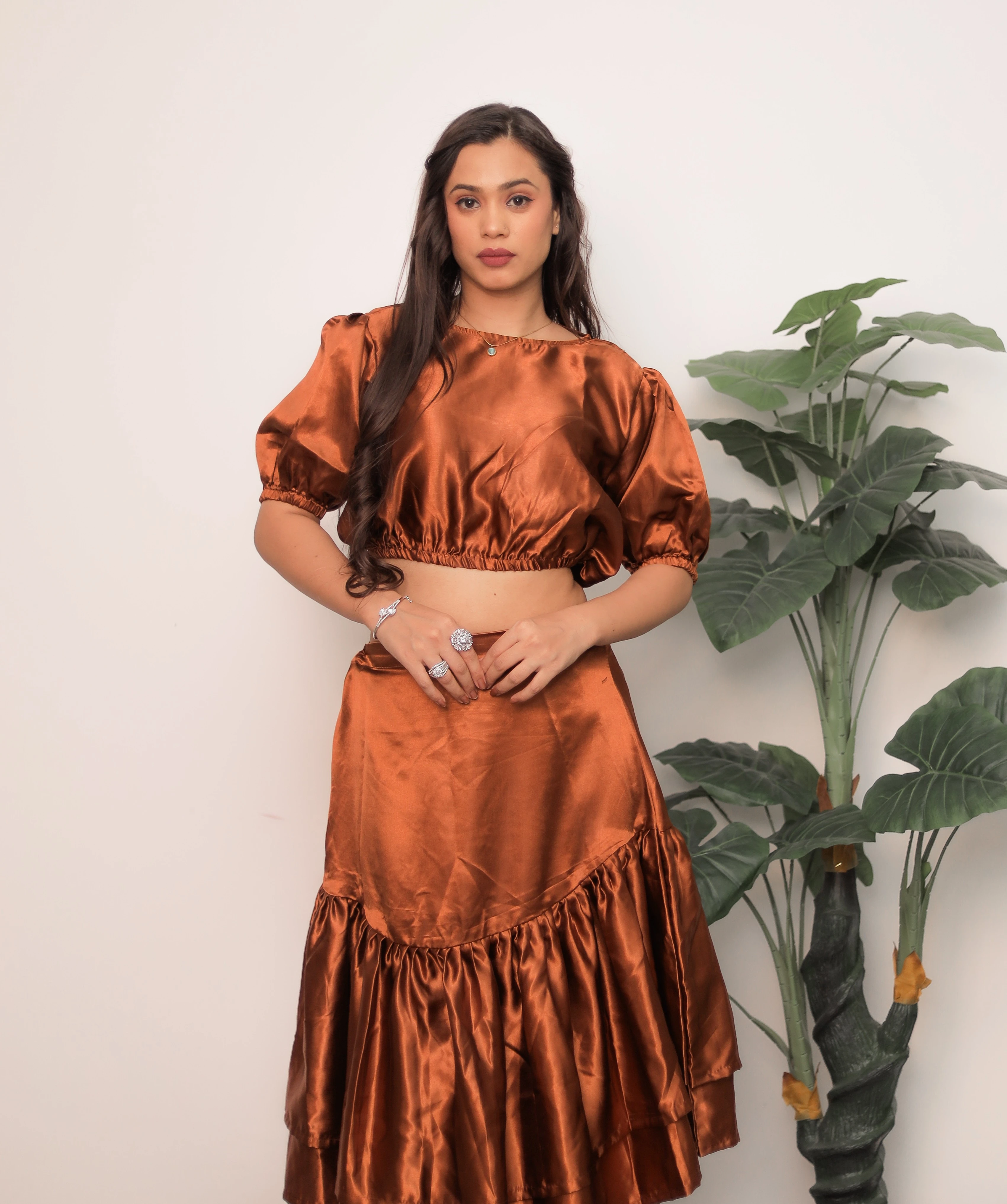 Satin Co-ord Set (Crop Top & Midi Skirt Set) By Tivae